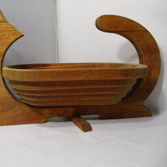 Vintage Folk Art Handcrafted Collapsible Wood Cat Shaped Wooden Basket Bowl - Picture 7 of 10